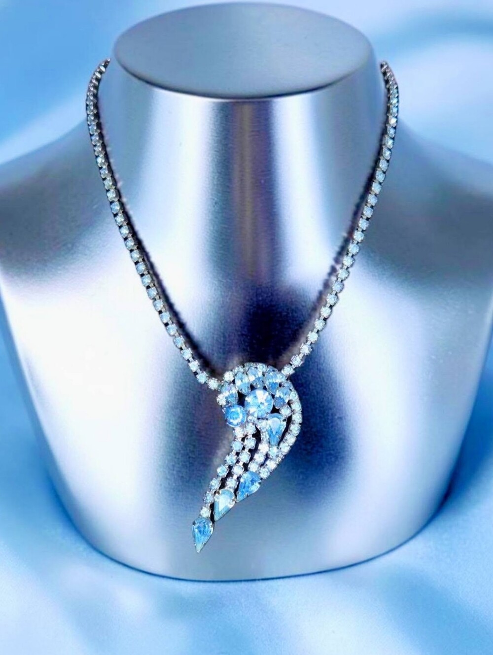 Vintage 16-Inch Blue Crystal Waterfall Rhinestone Necklace